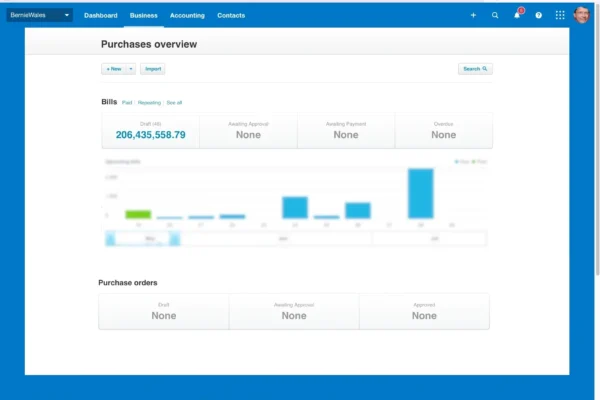 A photo showing the Xero Accounta control panel for Upcoming purchases